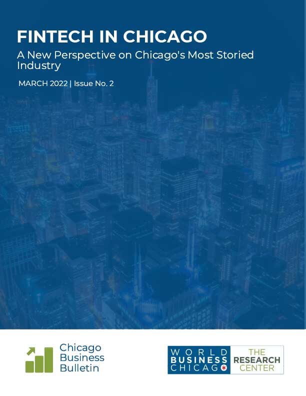 overhead view of Chicago buildings with blue overlay